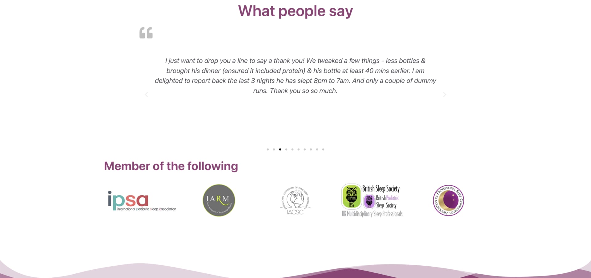 A screenshot of testimonials and membership certifications of Sleep Matters with Lucy Wolfe